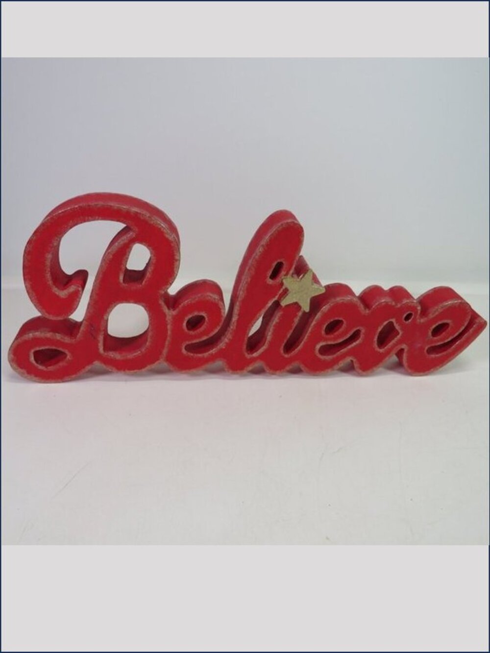 Vintage Red Wood Believe Word Sign Christmas Block Shelf Sitter Rustic Gold Star